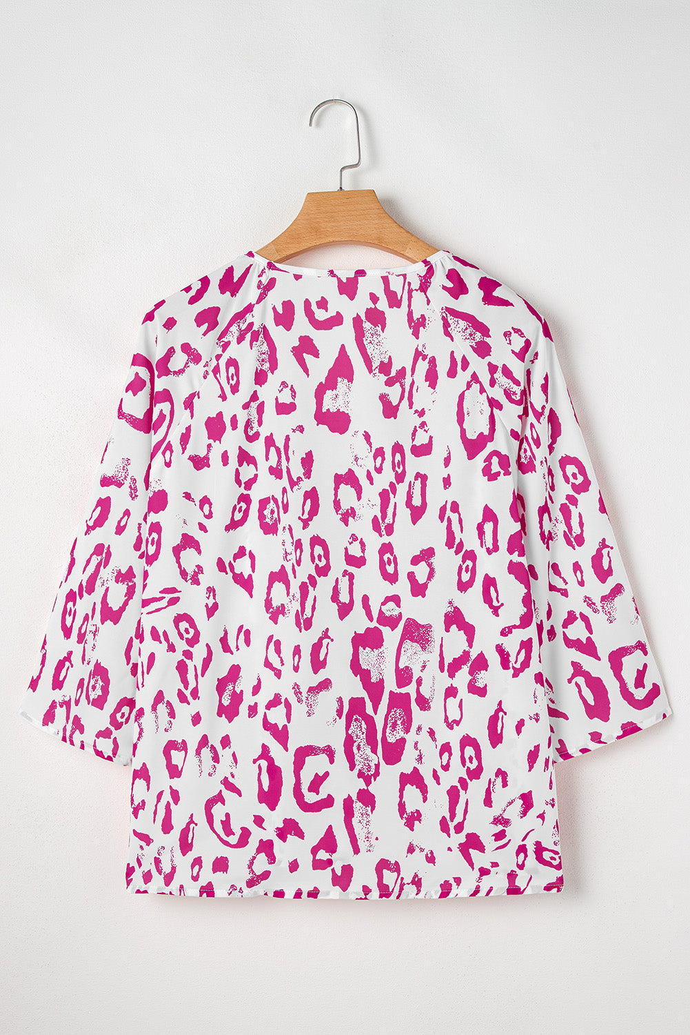 Rose Leopard Print Ruched V Neck 3/4 Sleeve Blouse