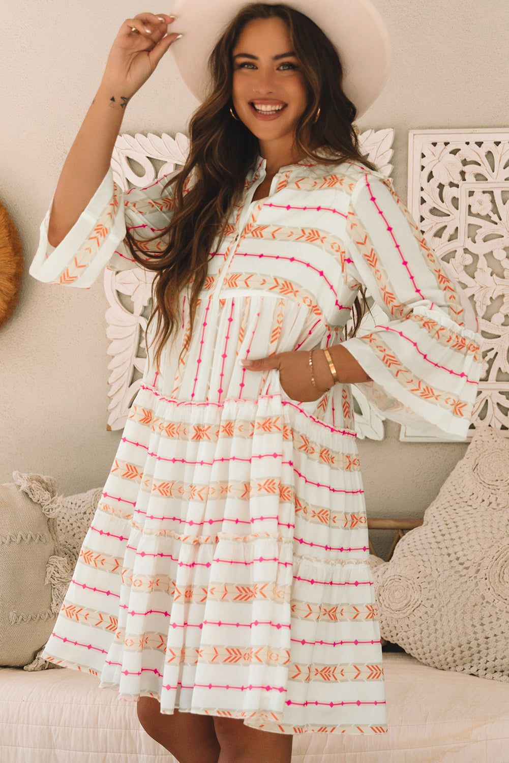 Winnie Bracelet Sleeve Slit Neck Ruffled Loose Dress-2