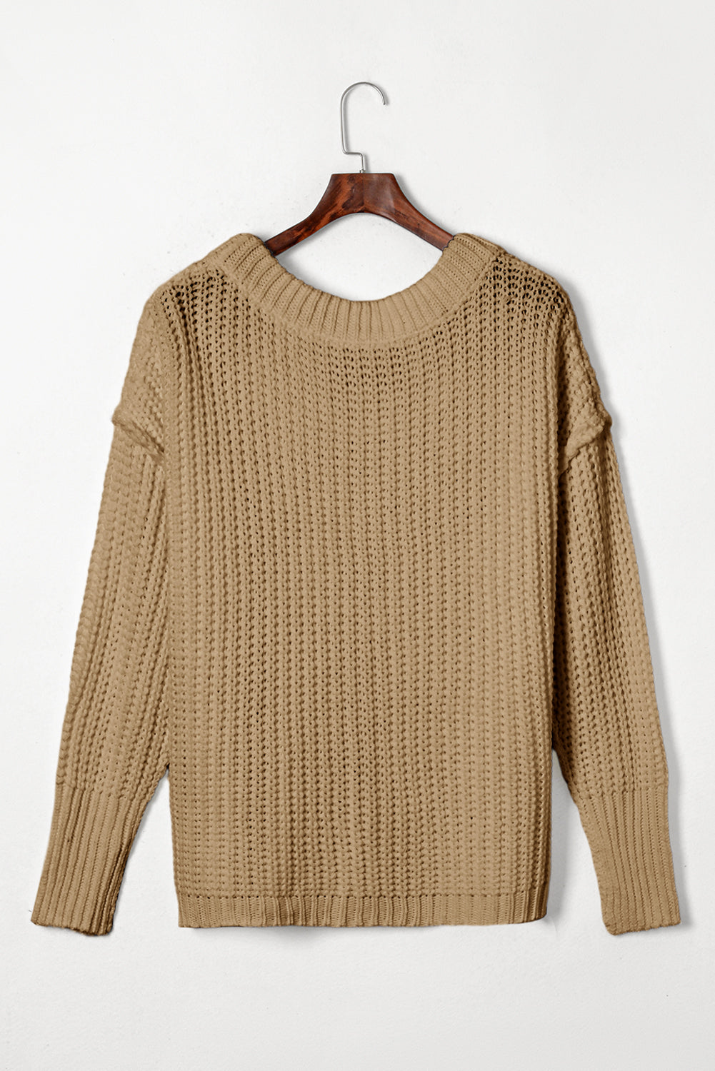 Khaki Ribbed Knit Round Neck Slouchy Chunky Sweater