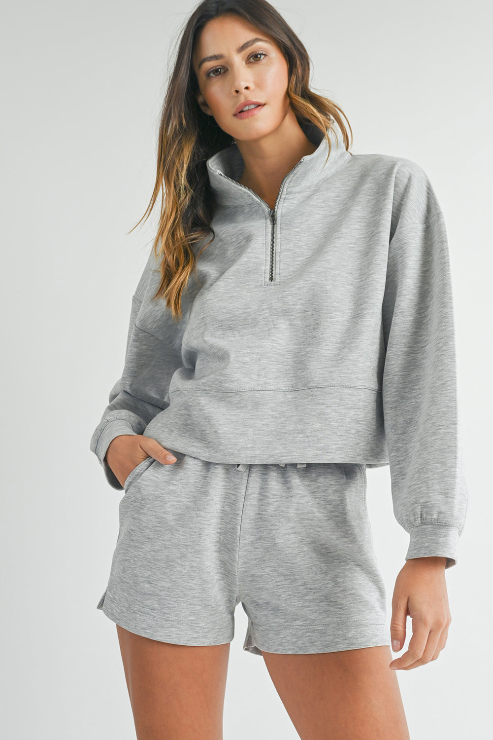 Light Grey Stand Neck Zipped Sweatshirt and Shorts Set