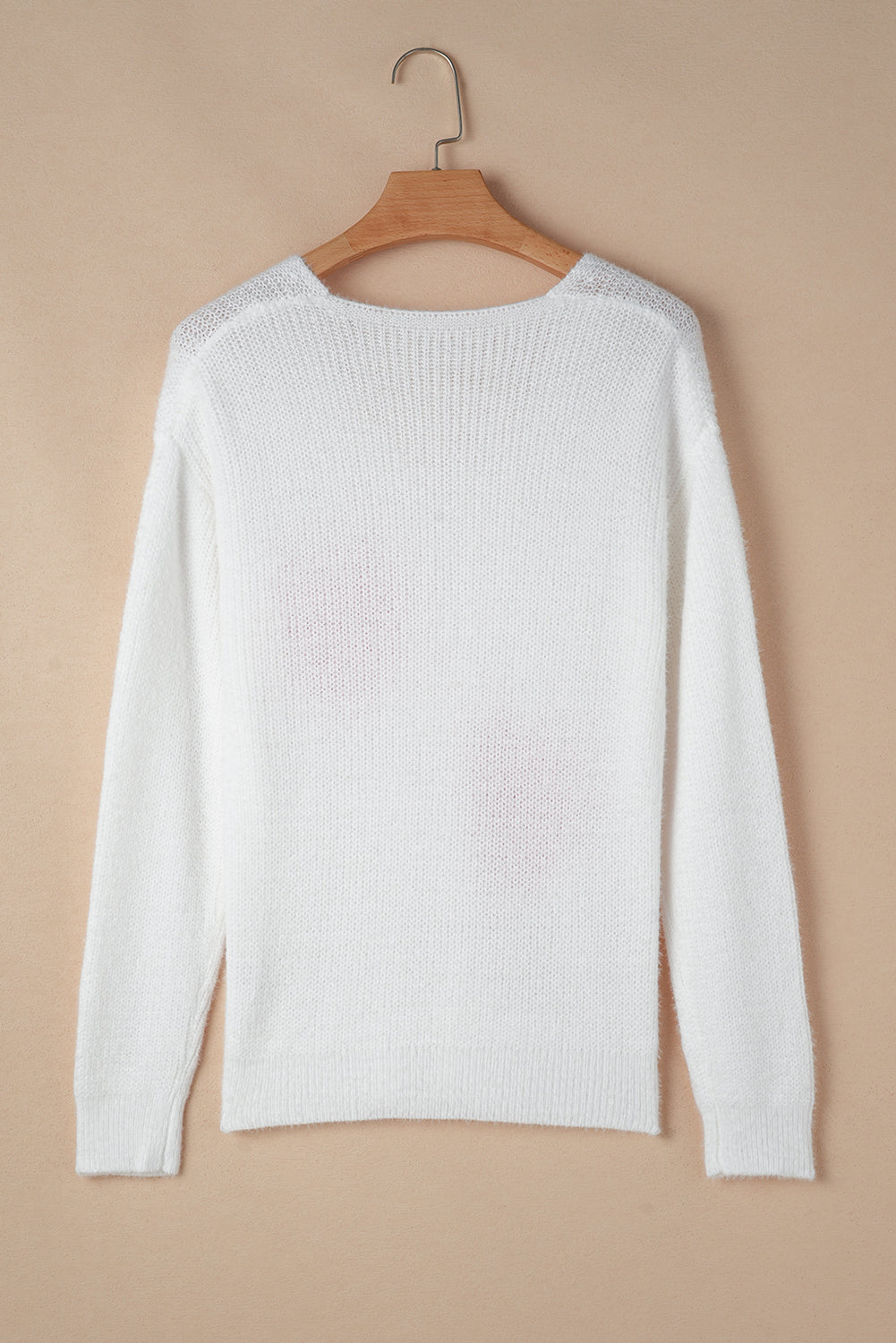 White Pearl Beaded Heart Pattern Fuzzy V Neck Sweater