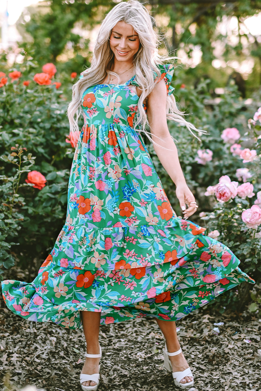 Green Floral Print Sleeveless Ruffle Tiered Maxi Dress