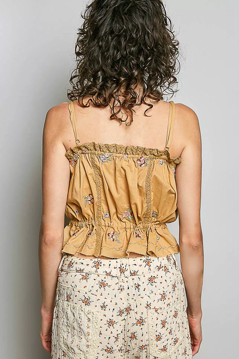 POL Button Down Floral Embroidered Cropped Cami with Lace Detail-3