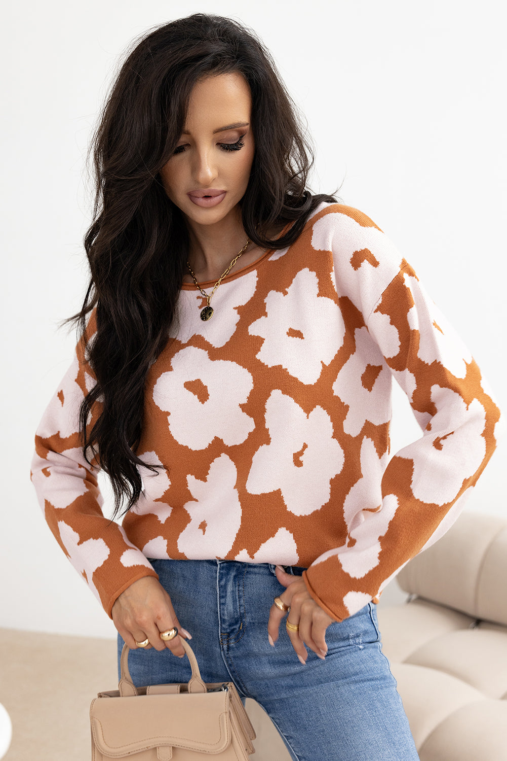 Brown Floral Pattern Crew Neck Long Sleeve Loose Sweater