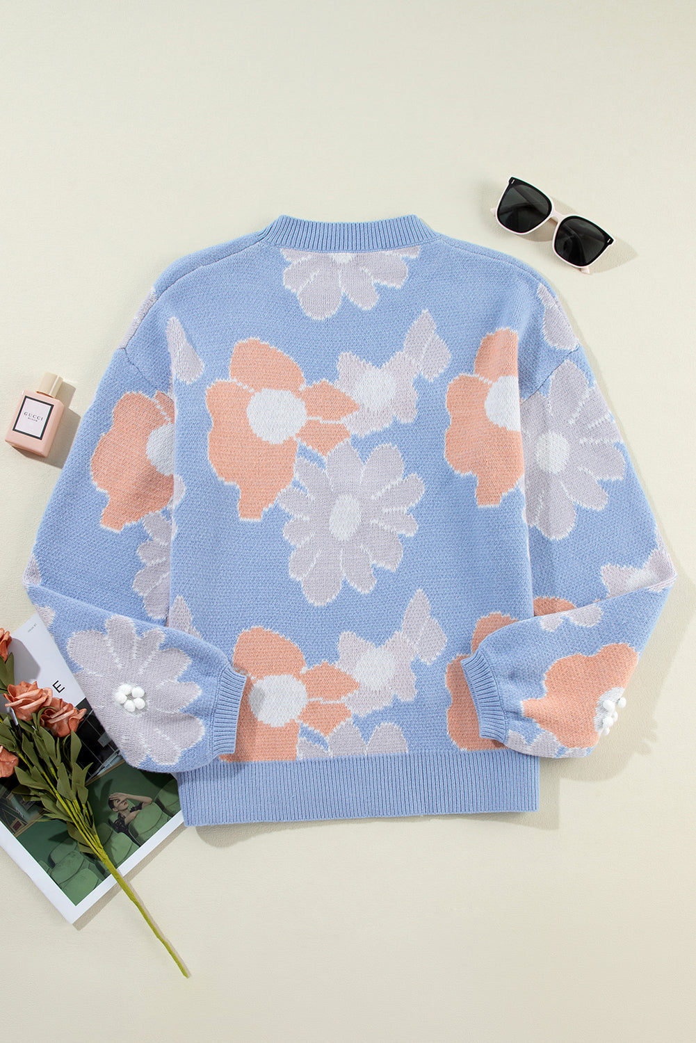 Beau Blue Floral O Neck Drop Shoulder Knitted Sweater