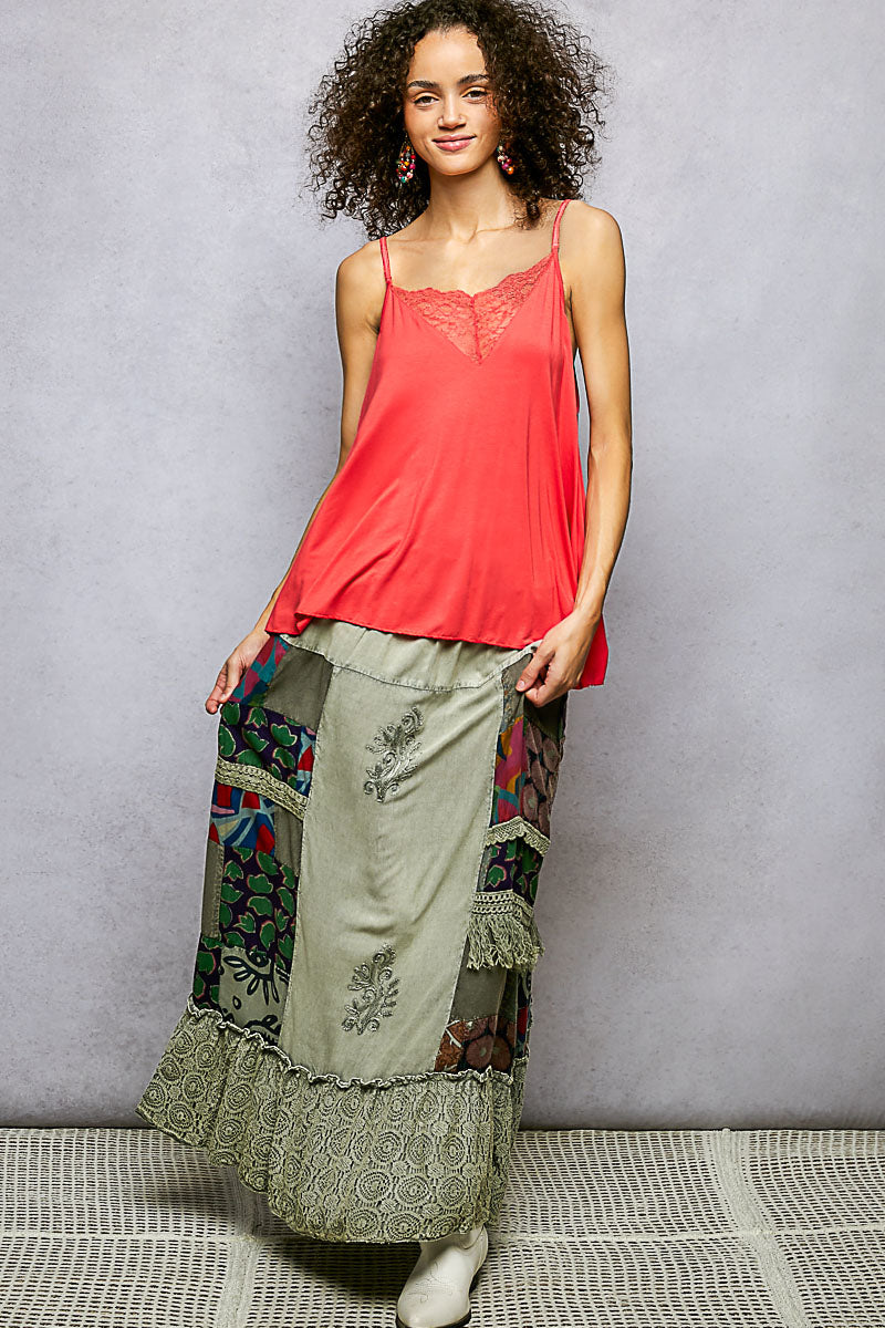 POL Printed Patchwork Embroidered Ruffled Skirt-3