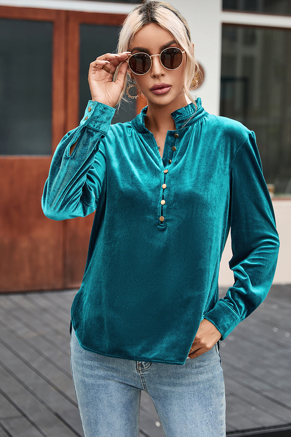 Green Frilled Neck Buttoned Front Velvet Top