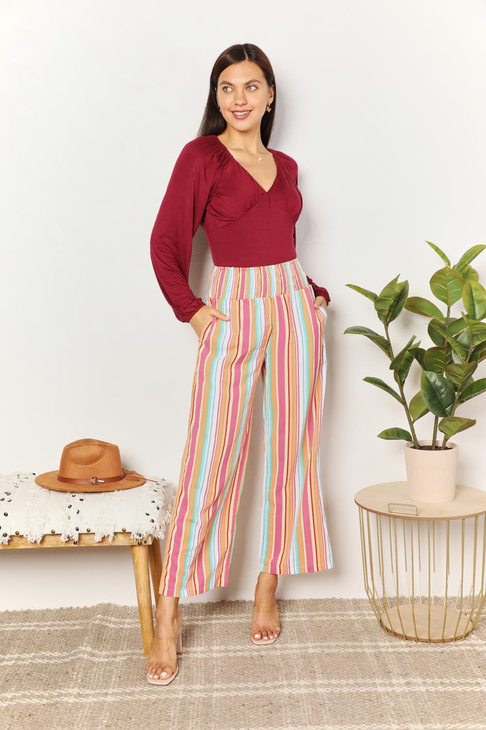 Double Take Striped Smocked Waist Pants with Pockets-4