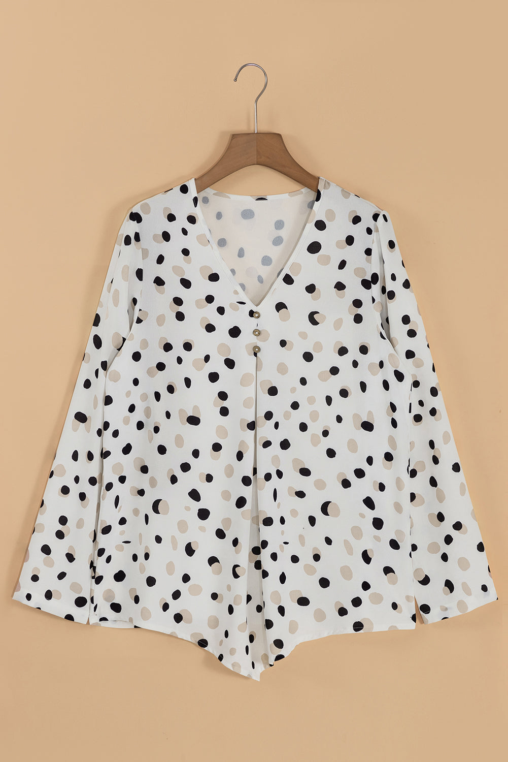 White Polka Dot Print Button Front V Neck Blouse