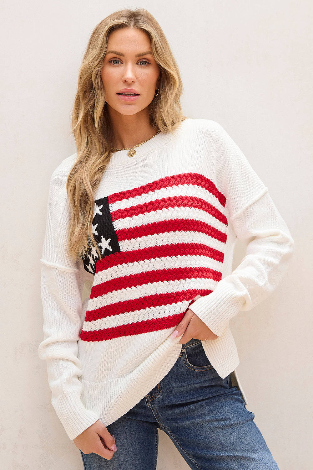 White American Flag Cable Knit Drop Shoulder Sweater