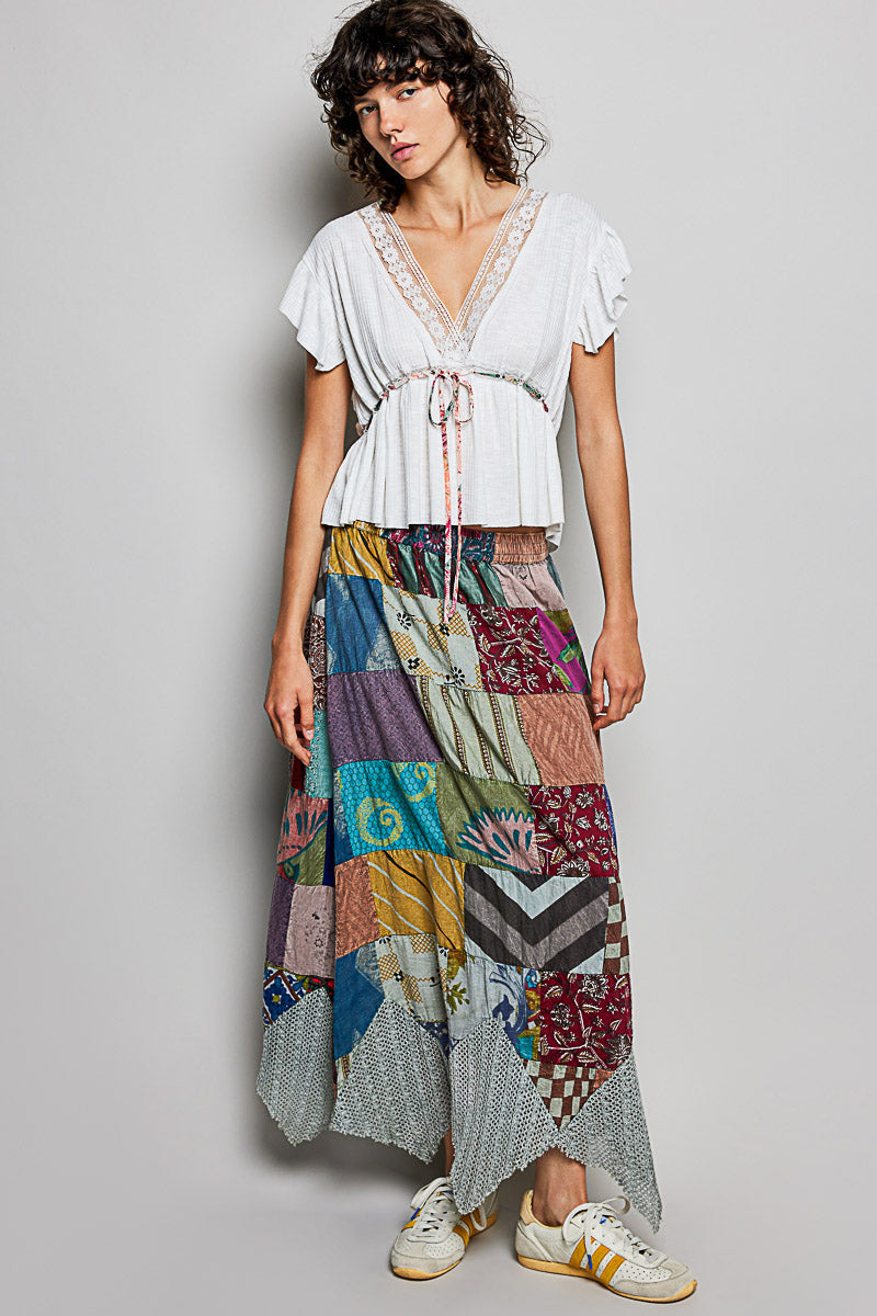 POL Tied Ruffled V-Neck Short Sleeve Blouse with Lace Detail-4