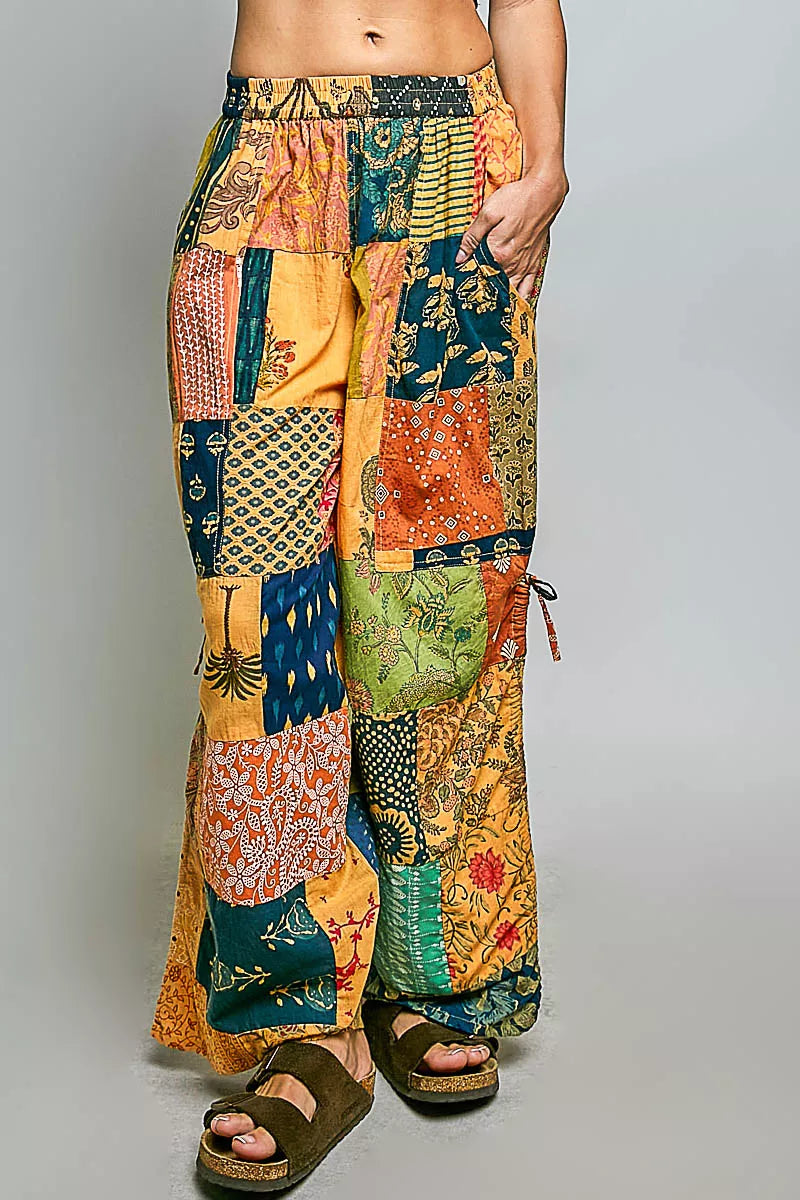 POL Printed Patchwork Wide Leg Pants with Adjustable Side Drawstring-0