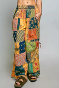 POL Printed Patchwork Wide Leg Pants with Adjustable Side Drawstring-0