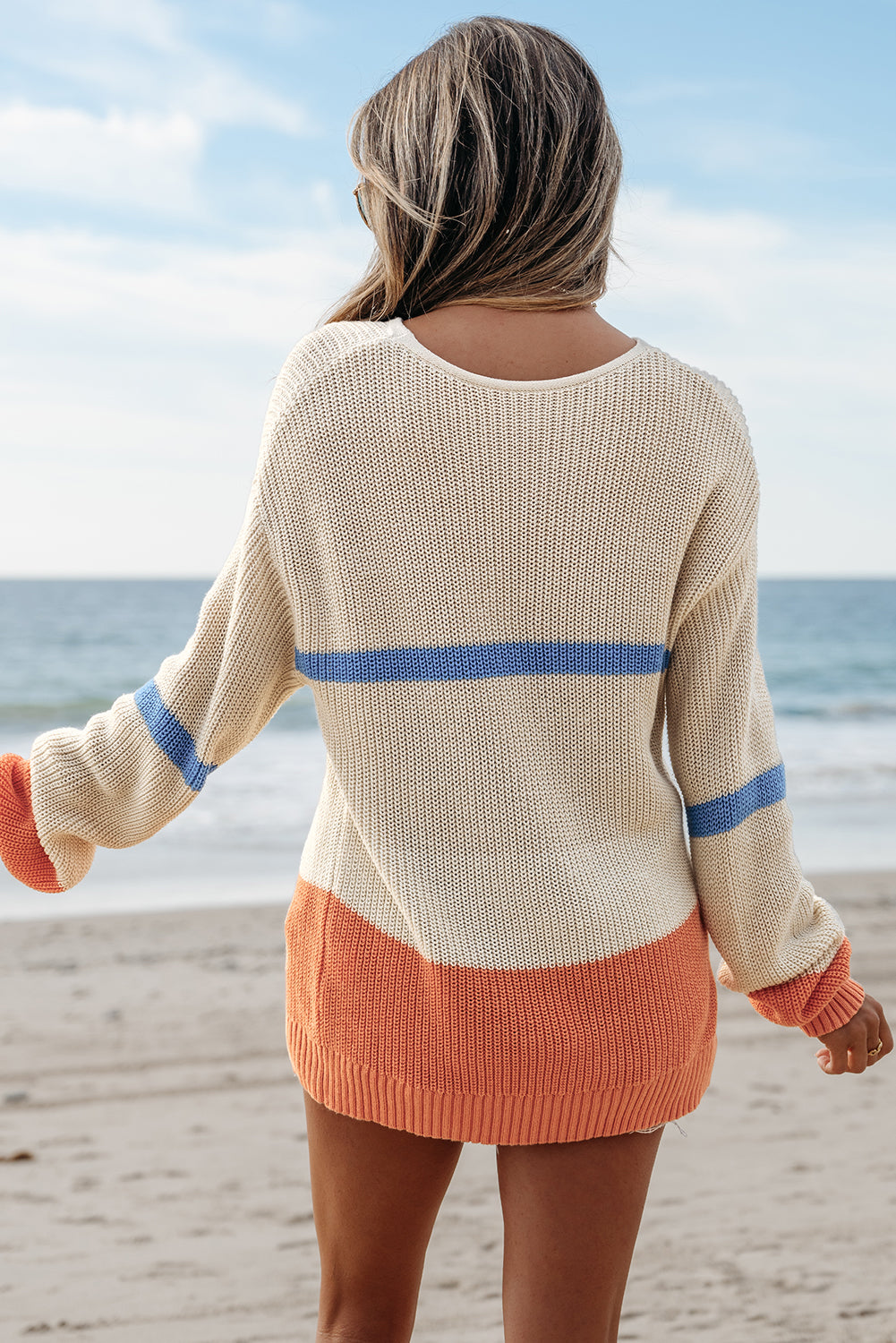 Beige Colorblock Striped Drop Shoulder Cozy Sweater