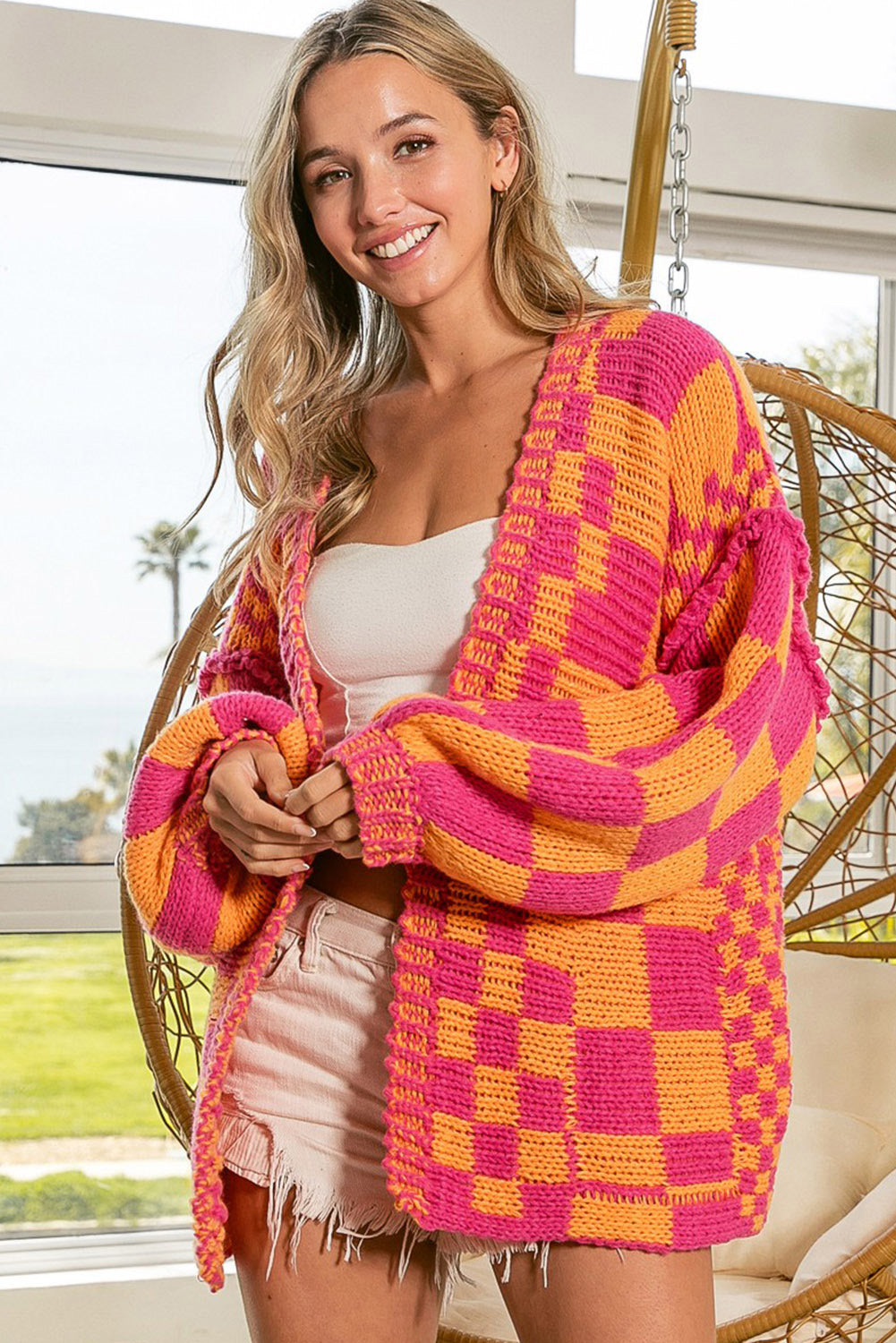 Multicolor Open Front Mixed Checkered Pattern Knit Cardigan