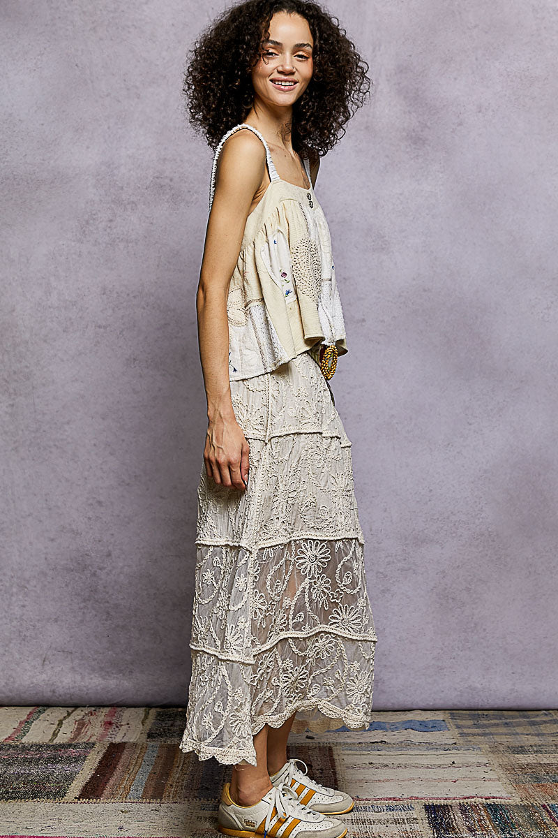 POL Floral Embroidered Tiered Crochet Skirt-4