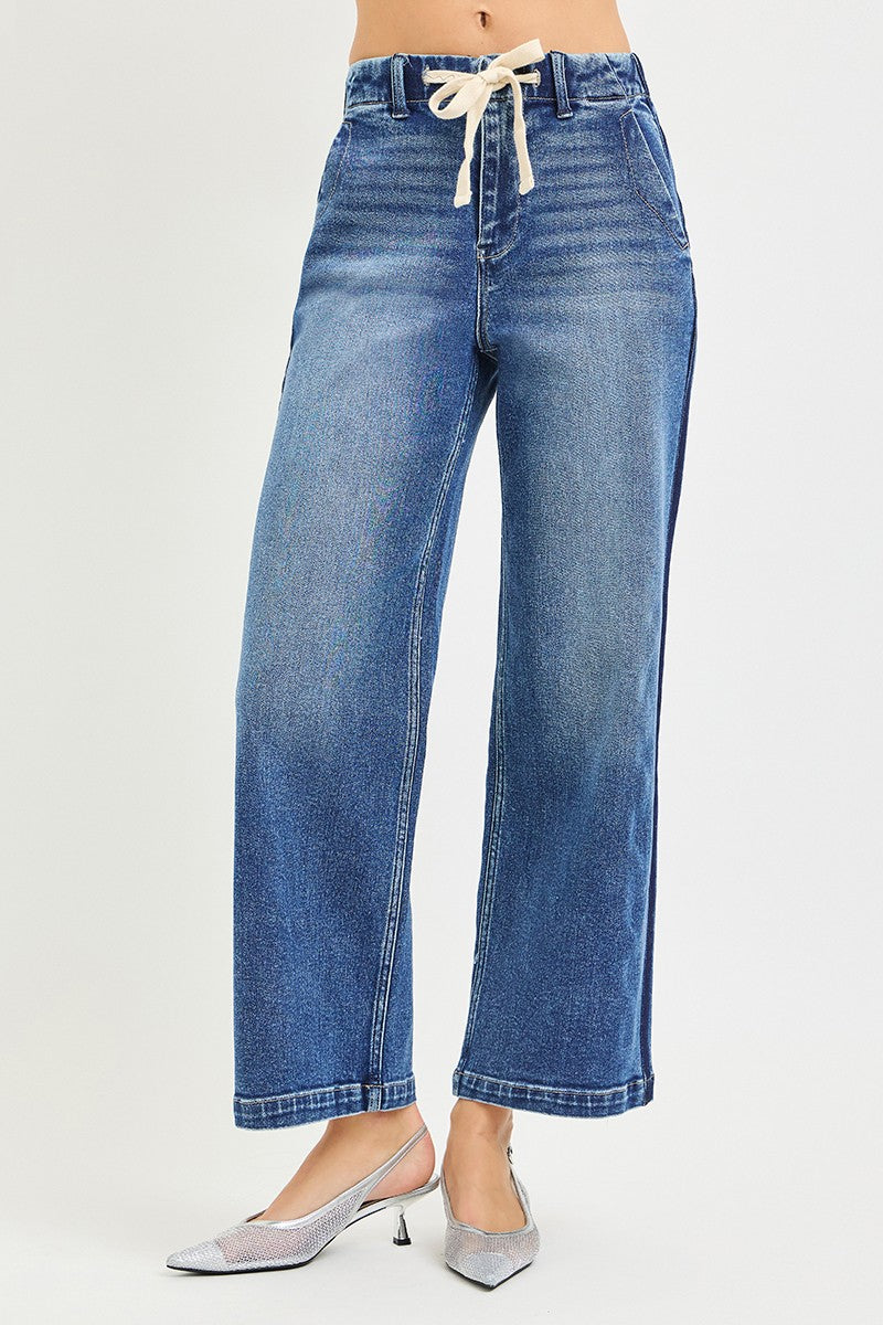 RISEN Elastic Band High Rise Cropped Wide Jeans-1