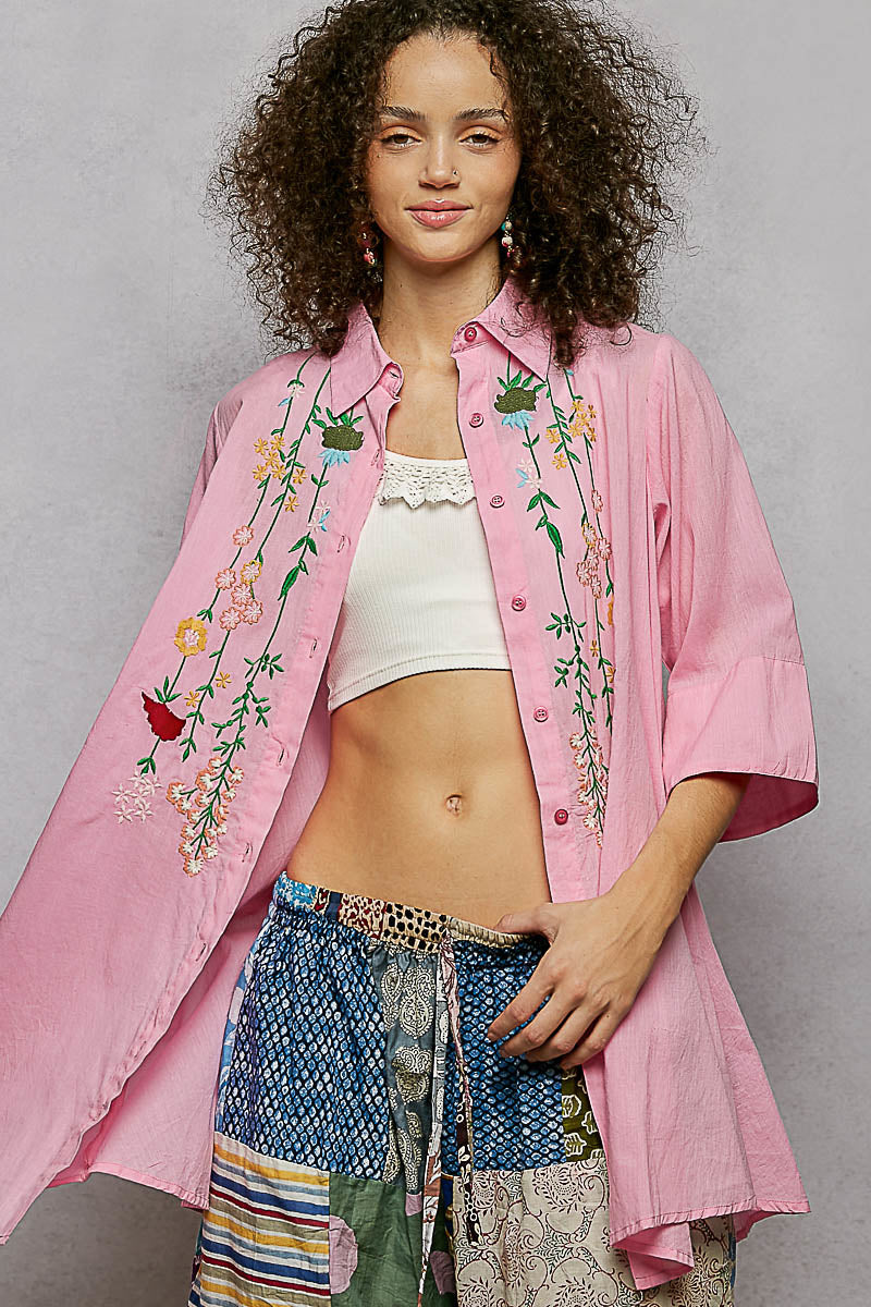 POL Floral Embroidered Half Sleeve Cotton Shirt