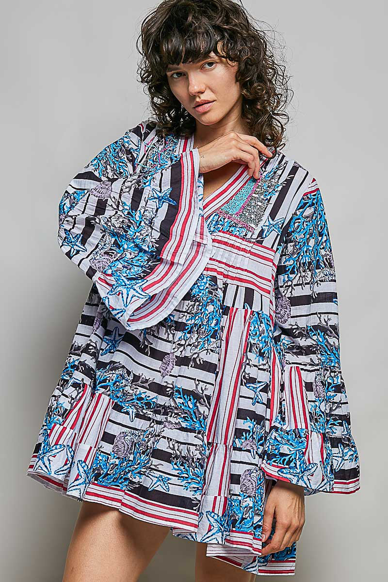 POL Striped Floral Long Sleeve Mini Dress with Pintuck Detail-1