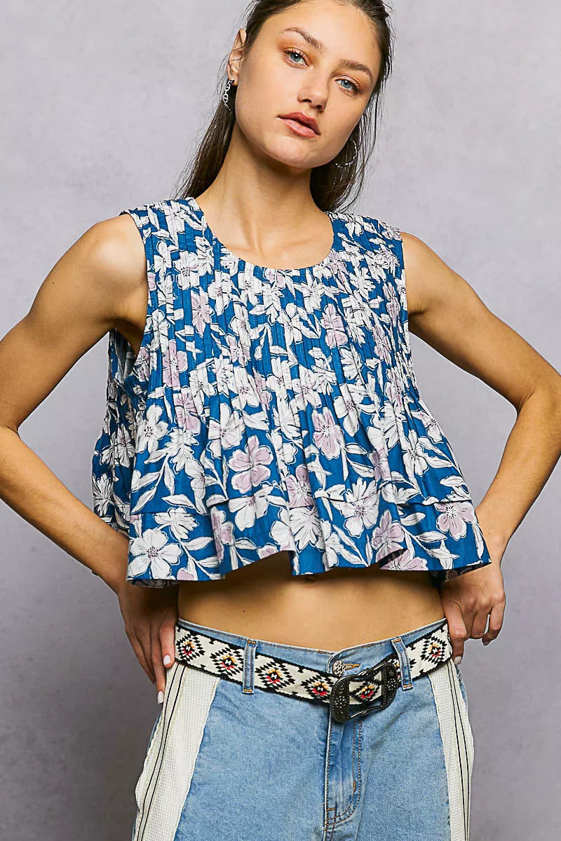 POL Floral Round Neck Cropped Pintuck Tank-1
