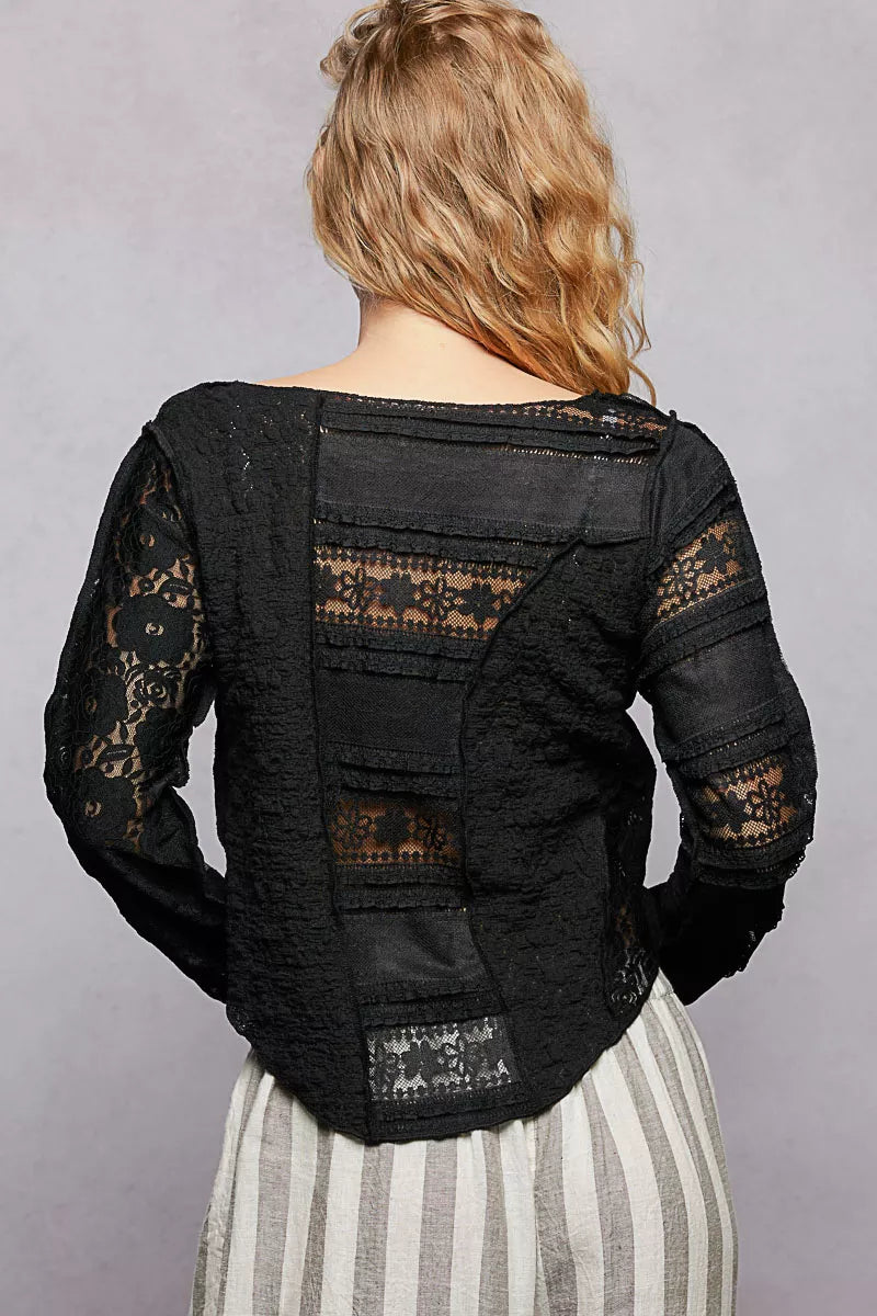 POL Round Neck Long Sleeve Exposed Seam Top with Lace Detail-3