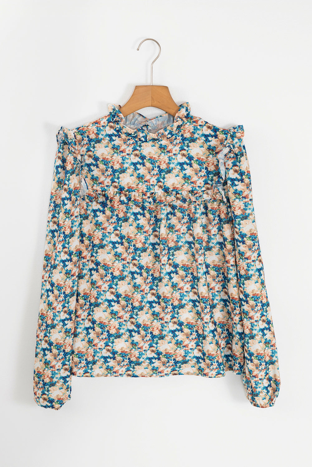 Sky Blue Floral Print Frilled Mock Neck Puff Sleeve Blouse