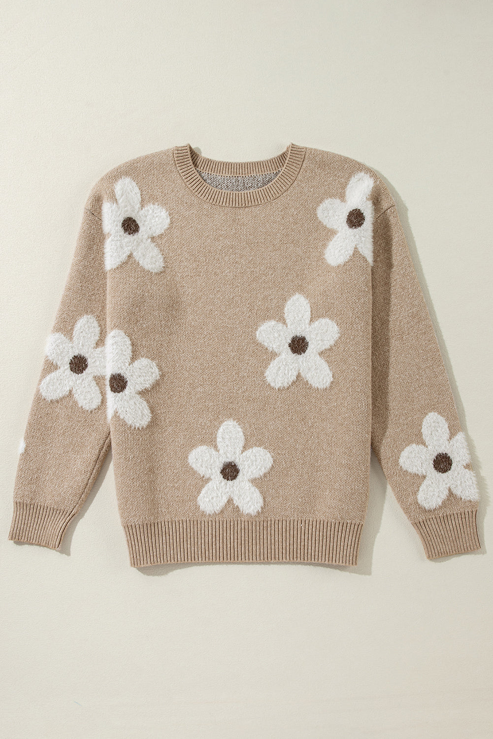 Parchment Flower Pattern Ribbed Trim Crew Neck Sweater