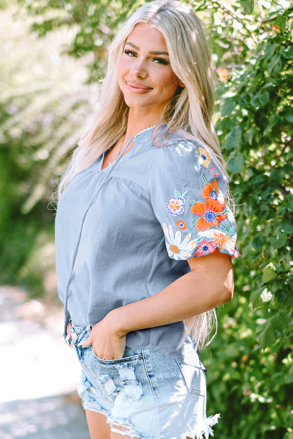 Hadlee Floral Embroidered Puff Sleeve Split Neck Blouse-2