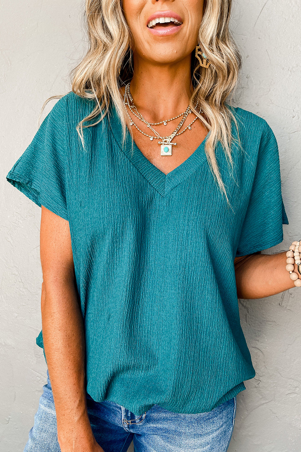 Blue Sapphire Crinkled V Neck Wide Sleeve T-shirt