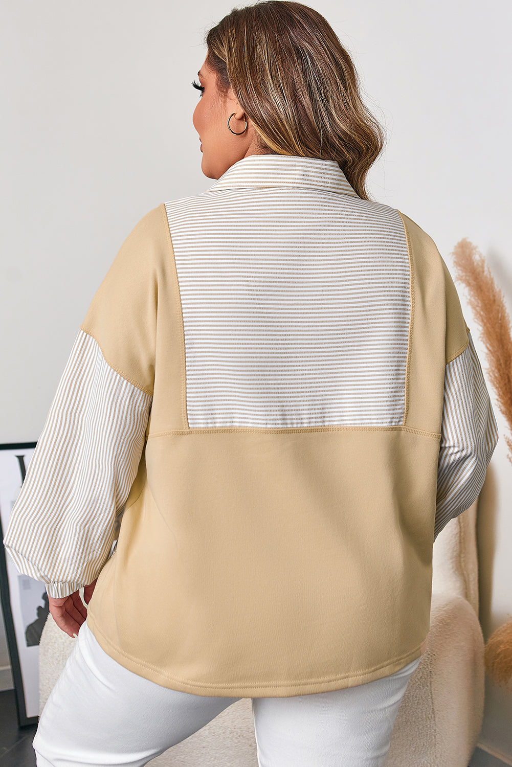 Khaki Stripe Mix Half Zip French Terry Plus Size Sweatshirt-1
