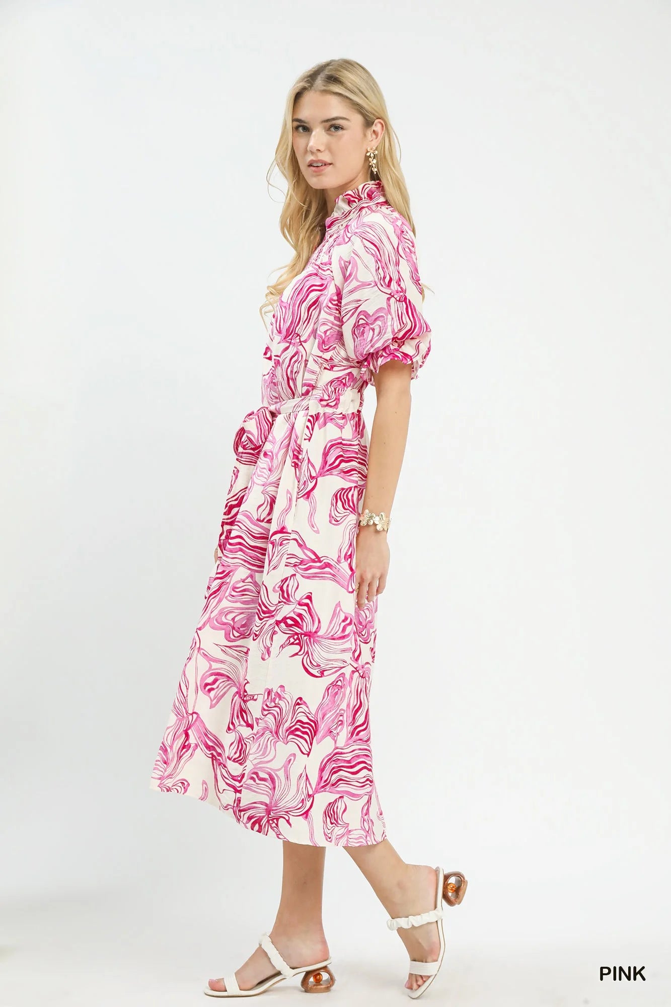 Umgee Abstract Print Smocked Tie Waist Midi Dress-1