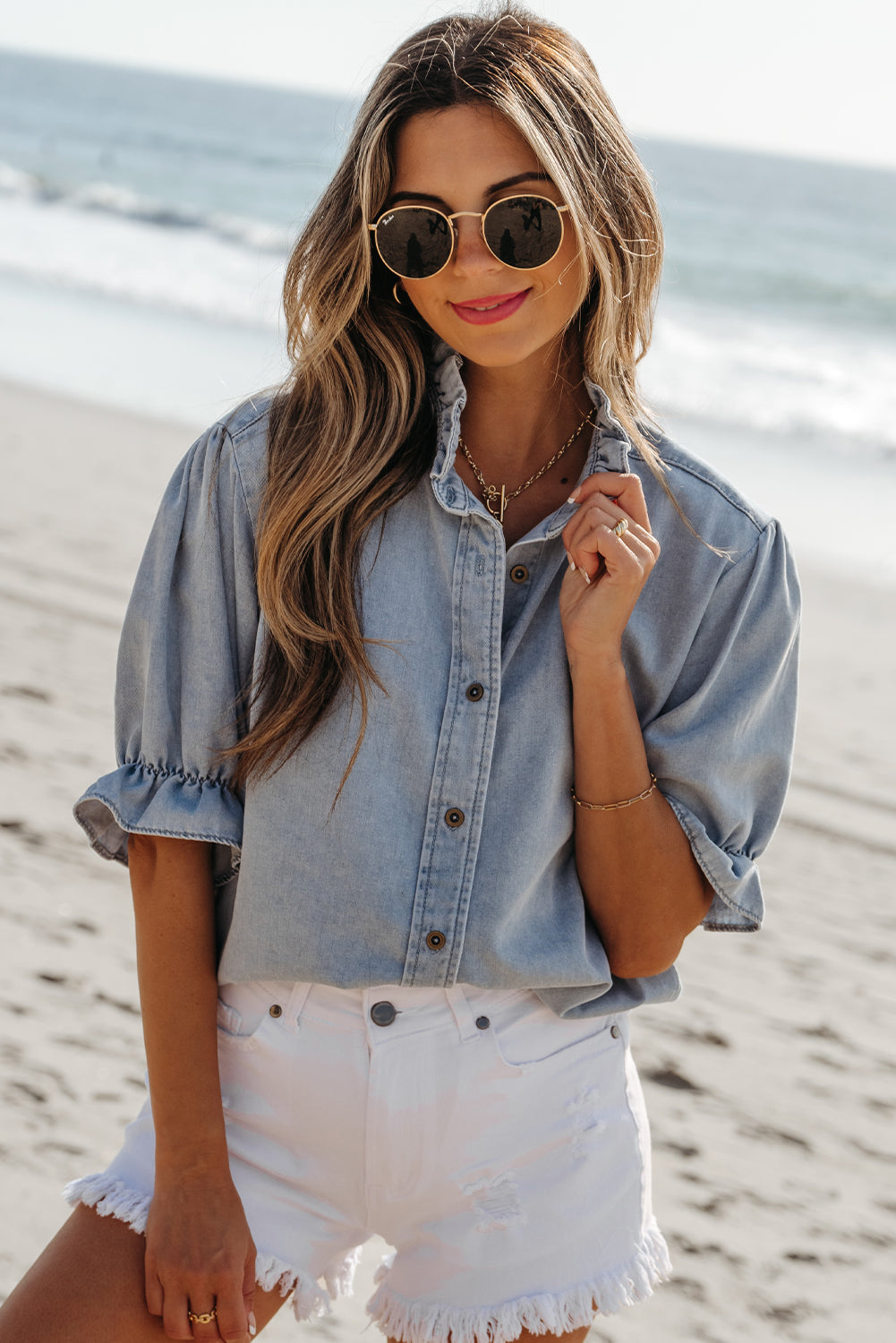 Aya Ruffle Short Puff Sleeve Summer Chambray Top-0