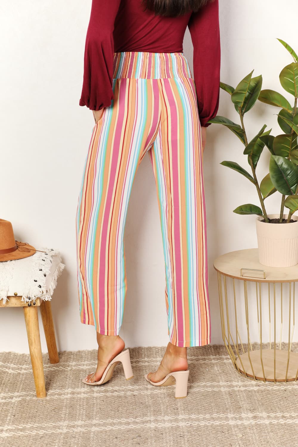 Double Take Striped Smocked Waist Pants with Pockets-1