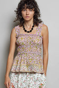 POL Smocked Printed Square Neck Peplum Tank with Ruffle Trim-0