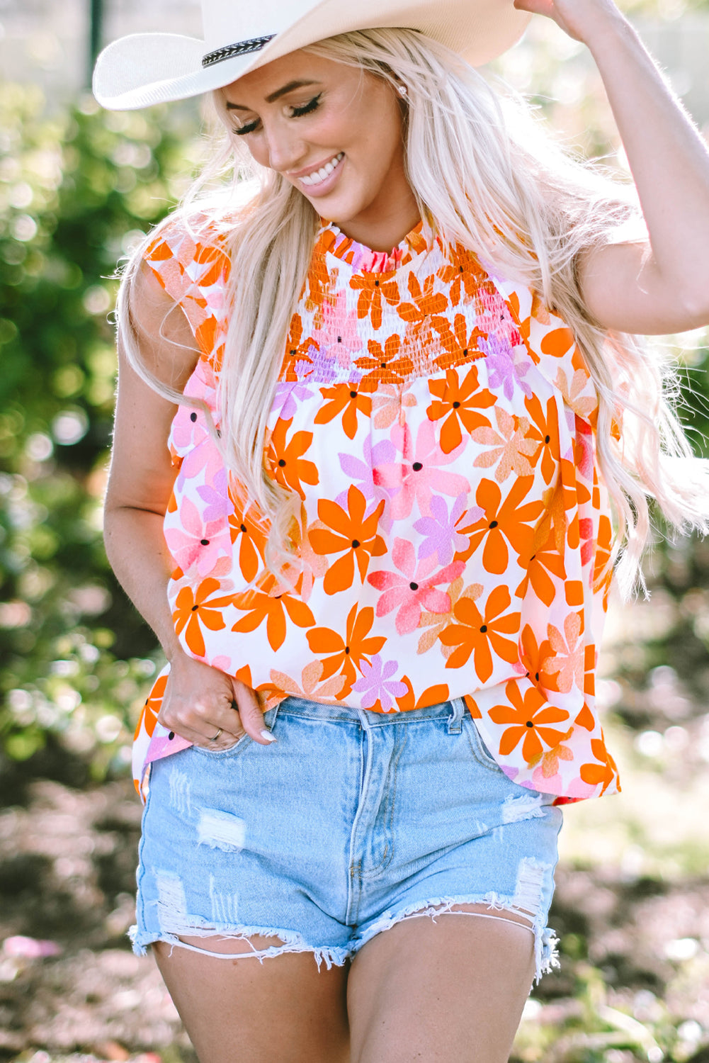 Alison Ruffled Sleeve Smocked Floral Top-2
