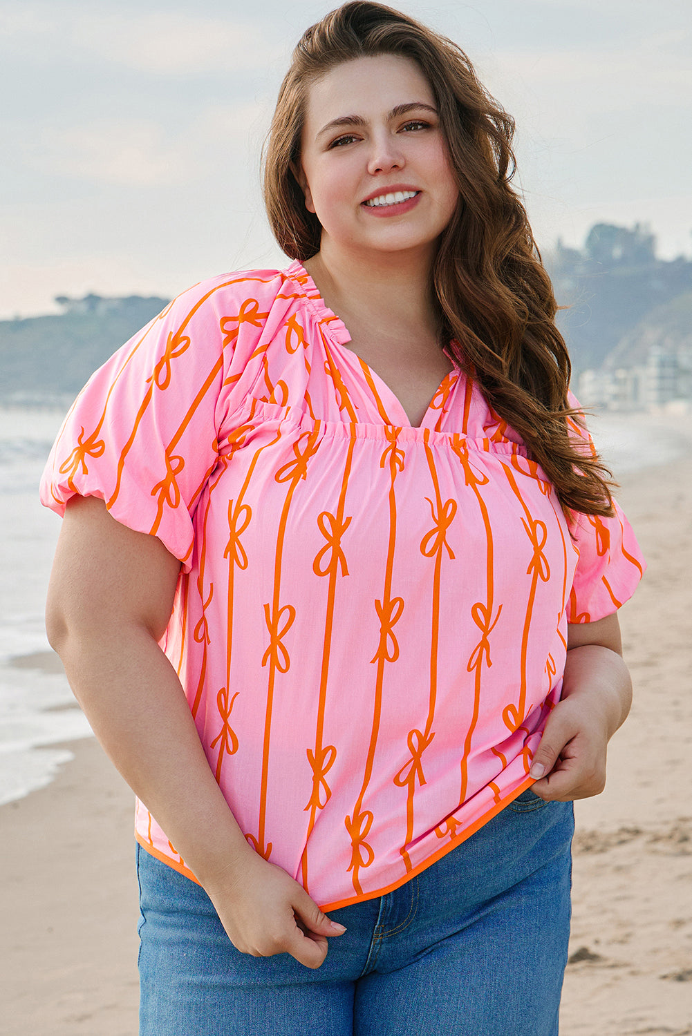 Sydney Plus Size Bowknot V Neck Blouse-0