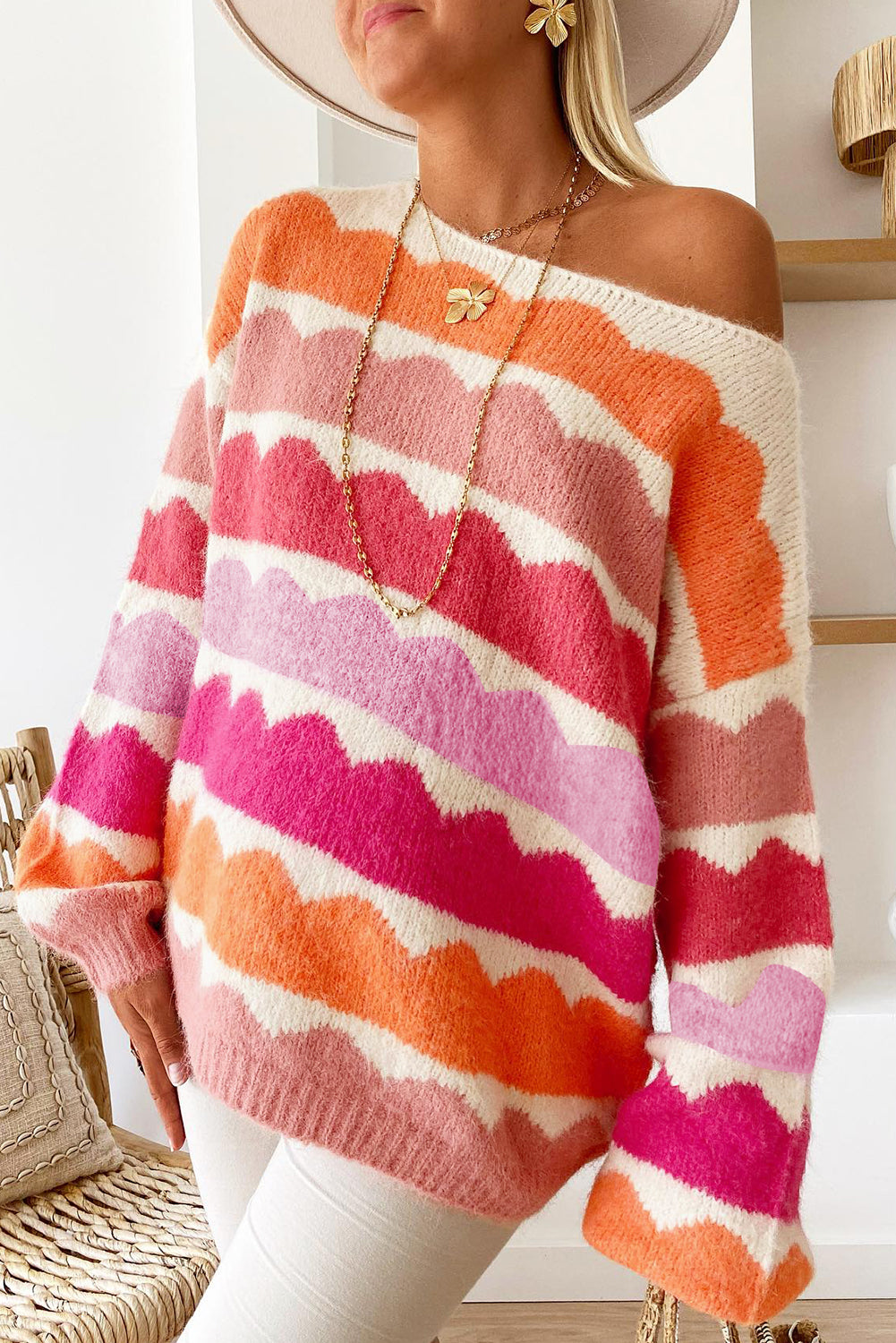 Rose Red Wave Striped Balloon Sleeve Drop Shoulder Sweater