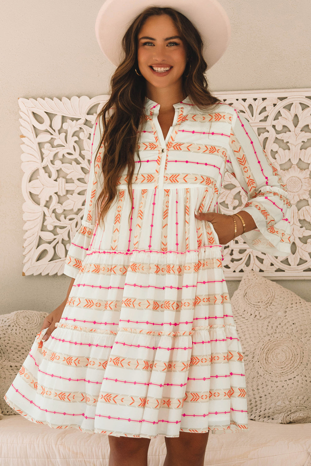 Winnie Bracelet Sleeve Slit Neck Ruffled Loose Dress-0