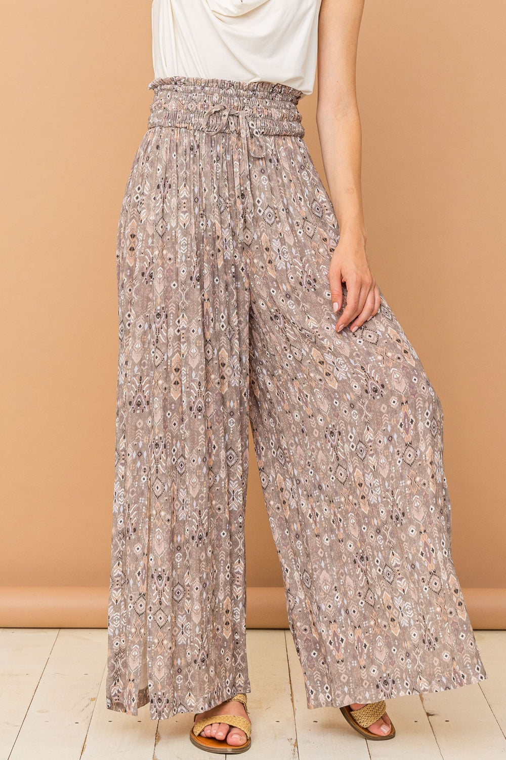 And The Why Printed Smocked Waist Slit Wide Leg Pants-2