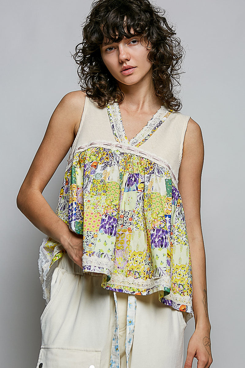 POL Floral V-Neck Sheer Tank with Lace Trim-0