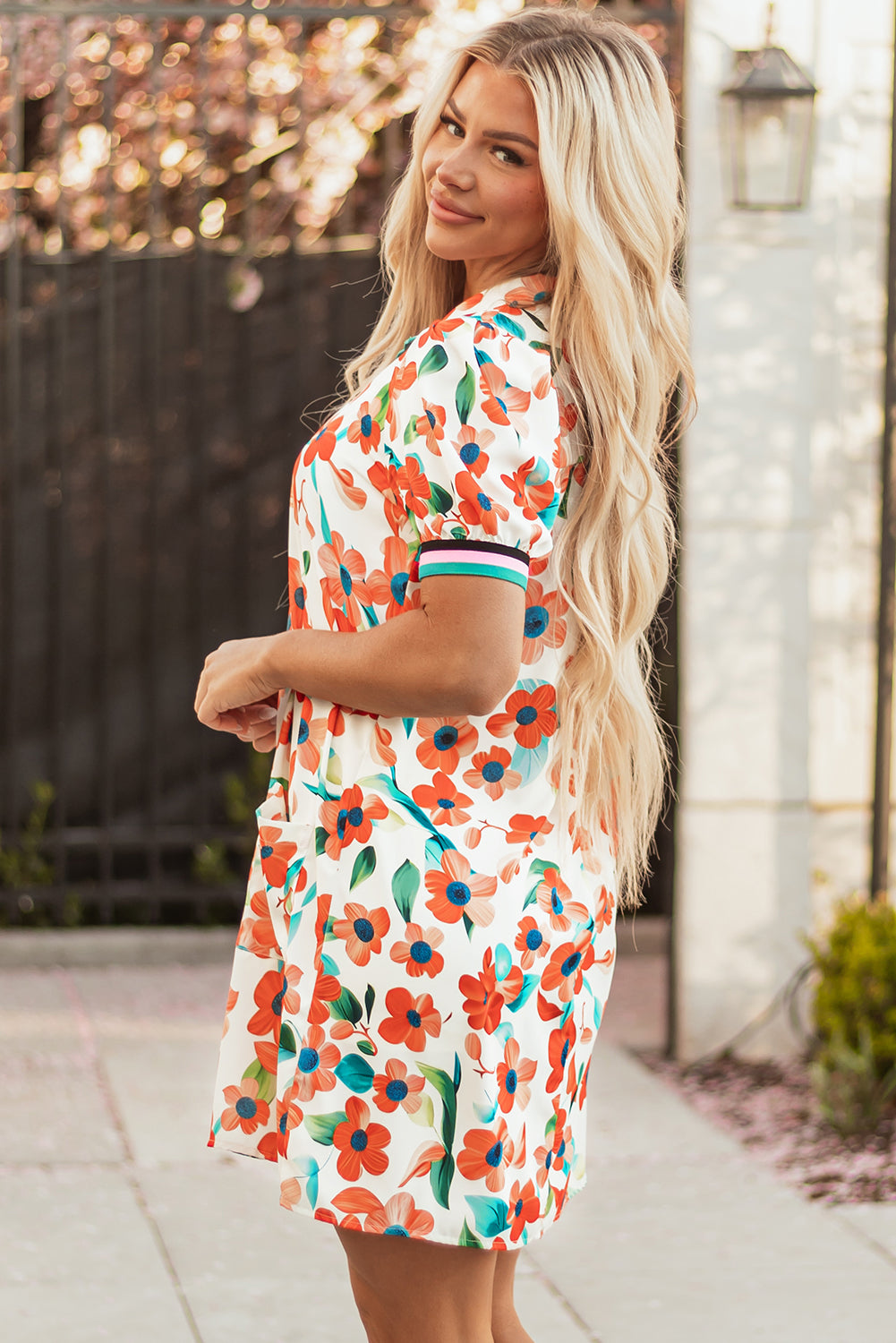 Rayne Floral Split Neck Puff Short Sleeve Tiered Dress-2