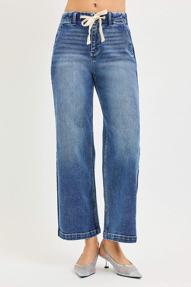 RISEN Elastic Band High Rise Cropped Wide Jeans-0