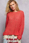 POL Round Neck Long Sleeve Open Weave Sweater-0