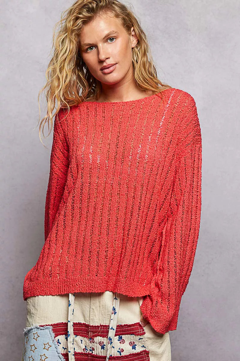 POL Round Neck Long Sleeve Open Weave Sweater-0