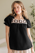 DAVINA CROCHET SQUARE NECK TEXTURED SHORT SLEEVE BLOUSE-0