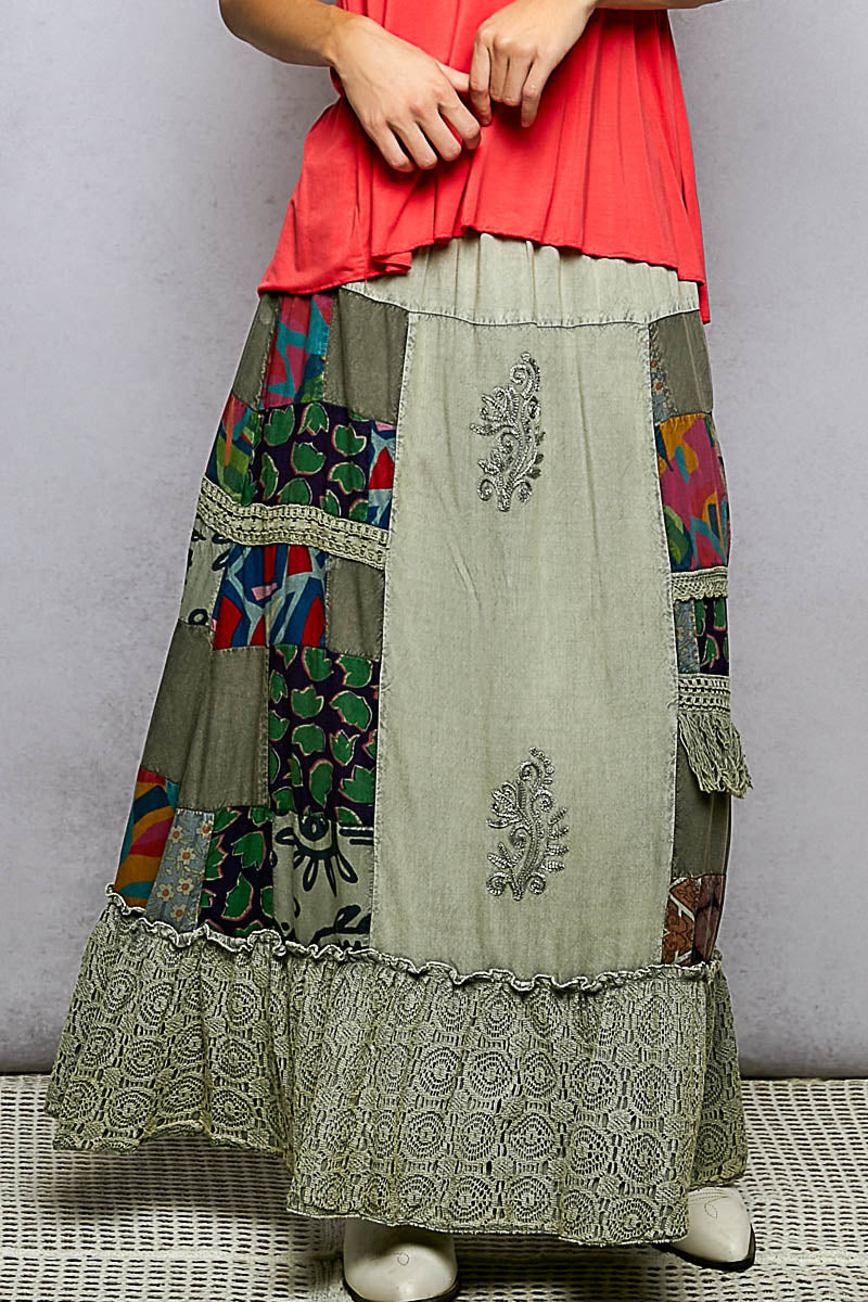 POL Printed Patchwork Embroidered Ruffled Skirt-0