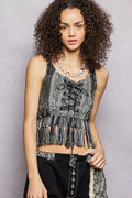 POL Lace-Up Fringe Hem Tank with Lace Detail-0