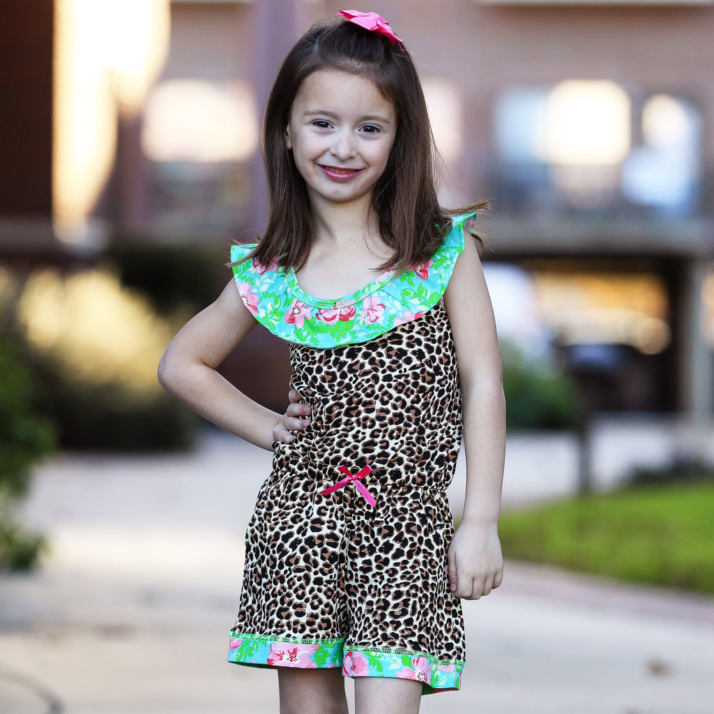 AnnLoren Girls Leopard Floral Summer Shorts Jumpsuit-2