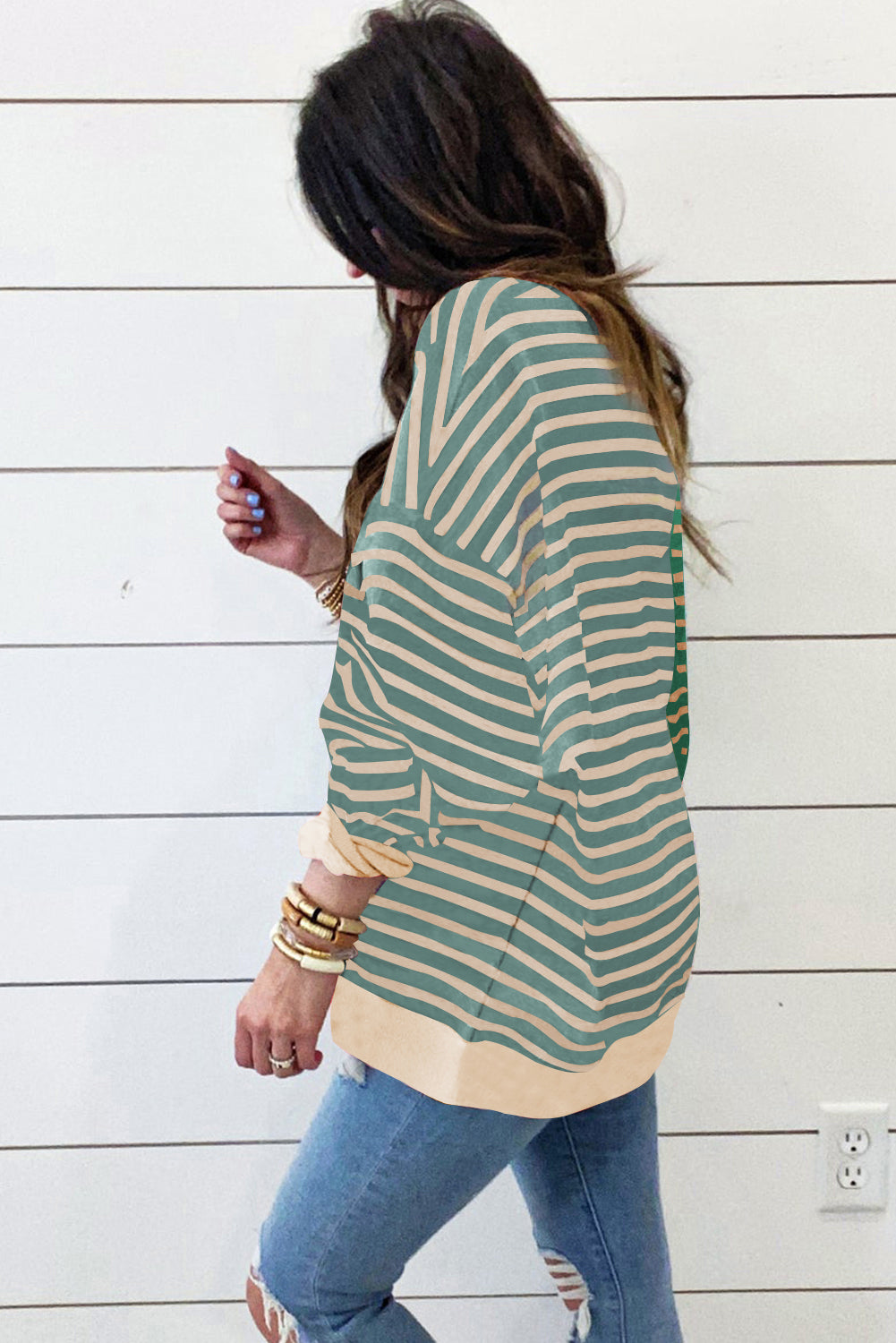 Green Stripe Colorblock Drop Shoulder Oversize Sweatshirt