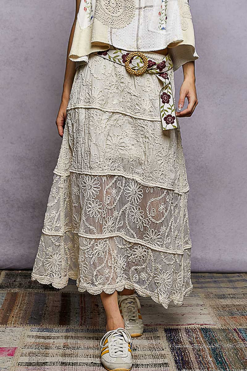 POL Floral Embroidered Tiered Crochet Skirt-0
